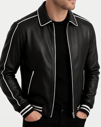 Men's Bomber Classic Black Genuine Leather Sports Jacket with White Stripe Turn Down Collar Casual Biker Streetwear3