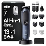 Braun All-in-One Trimmer-Set 7, 13-in-1 Multigroom, Barttrimmer, Nasenhaartrimmer, Haarschneidemaschine für Gesicht, Kopf und Körper, 120 Min Akku, 14 Längen (0.1–21 mm), Wasserdicht, AIO7565, Blau