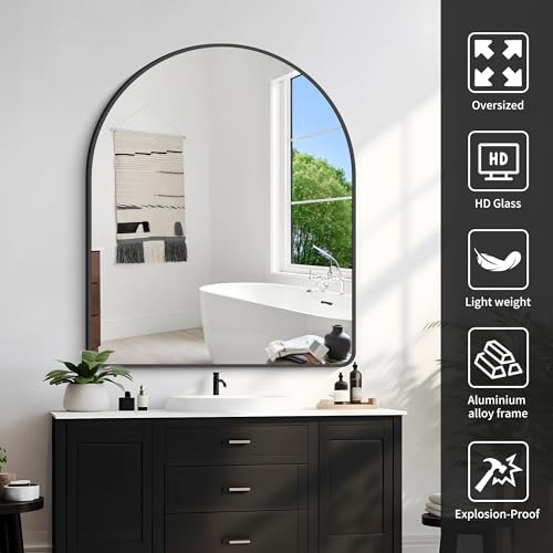Image of FORBATH Arched Mirror 40x32 Inch, Black Arched Bathroom Mirror Wall Mounted Modern Black Aluminum Frame Decor Large Dresser Mirror for Bedroom Living Room Entryway, Hanging or Leaning Against Wall