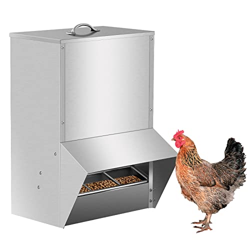 Migoda Galvanized Poultry Feeder, 50LBS Chicken Feeders No Waste, Rat Proof Hanging Chicken Feeder with Lid, Weatherproof Outdoor Coop Food Dispenser Silver