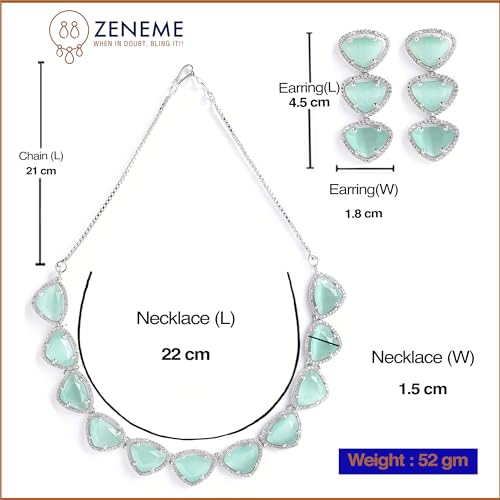 Image of ZENEME Rhodium Plated Silver Toned Triangular Shaped American Diamond Studded Jewellery Set For Women and Girl