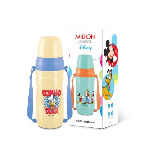 Image of MILTON Disney Kool Cheer 600 Plastic Insulated Thermo Water Bottle with Straw for School Kids I Food Grade, Leak Proof Lid with Hands Free Sipper, Easy to Carry Loop, Picnic, BPA Free, 520 ml, Beige
