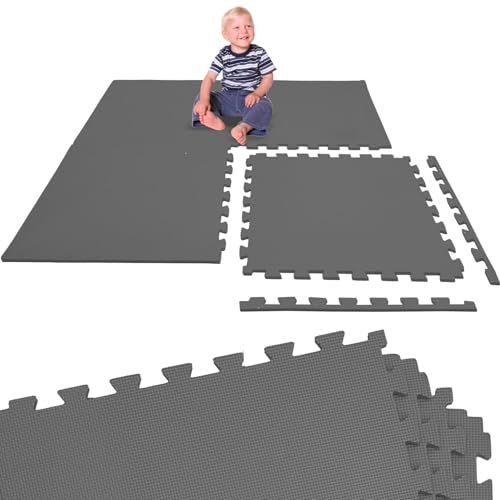 LittleTom Alfombra Puzzle Infantil Gris - 4 Piezas Encajables 50x50 cm - Colchoneta de Goma Espuma EVA 100x100 cm para Niños - Protector Suelo Acolchado sin BPA - Manta de Juegos Impermeable