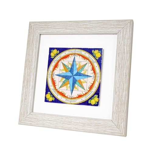Albalù Quadretto in Legno con Piastrella Positano in Gres Porcellanato e Cornice Tortora Quadrata (Rosa dei Venti, 13x13 cm)
