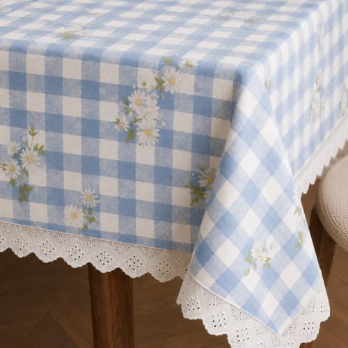 Image of Amazon Brand - Umi Cotton Tablecloth for 6-8 Seater Dining Table, Blue Gingham Check Daisy Floral Print Rectangular Table Cover with Lace Trim 4 Corners, Farmhouse Cottage Style Washable Table Linen