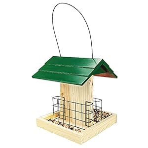 MIXXIDEA Wood Bird Feeder Cedar Bird Feeder Garden Suet Bird Feeder with 2 Suet Cages Great for Birds，Woodpeckers, and More Weatherproof and Water Resistant,Roof Top Green(New180 Green-1 Pack)