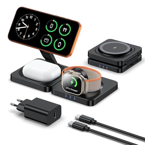 Induktive Ladestation Kompatibel mit Magsafe Ladegerät, ADADPU 3 in 1 iPhone Ladestation für iPhone 17/16/15/14/13/12 Serie, Faltbare 20W Wireless Charger für Apple Watch 11/10/9/8/7/6/5/4/3/2,AirPods