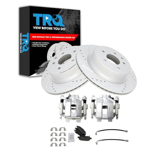 Image of TRQ Performance Rear Brake Pad and Rotor Set Semi Metallic Slotted Drilled Coated Rotors Calipers Compatible with 2011-2012 Infiniti G25 2011-2012 G37 2015 Q40