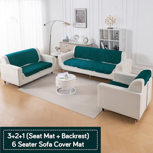 Image of HOKIPO Quilted Sofa Cover 6 Seater Set - Washable 3+2+1 Sofa Panel for Seat & Back | 'Quilt Classic' Teal (IN-927+926+925 * 2-Teal)