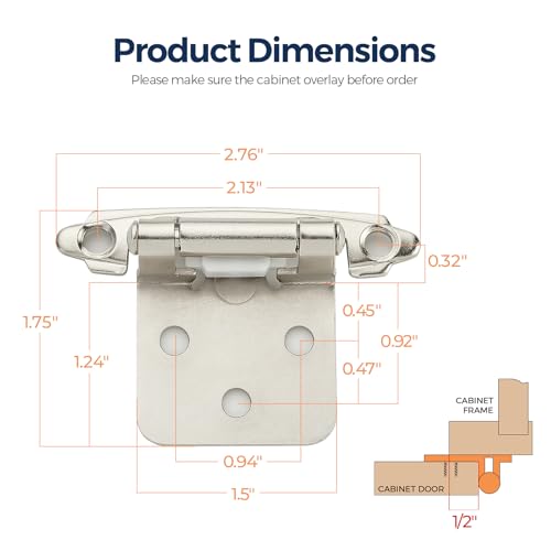 Image of Ravinte 50 Pack (25 Pairs) 1 /2 inch Overlay (Variable) Cabinet Hinges, Self-Closing Semi-Concealed Face Mount, Satin Nickel Decorative Hardware with Door Bumpers for Kitchen & Cupboard Doors, Silver