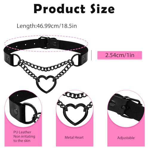 Ronglry Leather Choker Necklace for Women Black Heart Chain Choker Punk Goth Sexy Chokers for Women Adjustable PU Collar Gothic Jewelry Accessories2