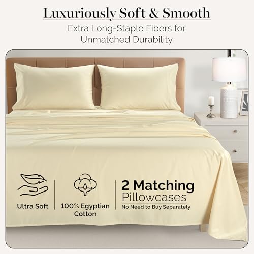 Casa Platino 100% Egyptian Cotton Sheets Twin Size Set - 4 Pcs (1 Flat, 1 Fitted, 2 Pillowcases)- Ultra Smooth Sateen Weave Bed Sheets Set with 15" Deep Pockets - Ivory