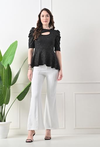 Image of Women's Glitter Peplum Top with Keyhole Neck | Puff Sleeve Top