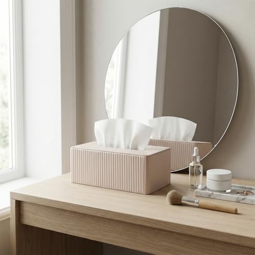 Kosmetische Taschentuchboxen, Leder-Taschentuchbox,Taschentuchbox für Büro,Zuhause, Wohnzimmer und Badezimmer, rechteckig Taschentuchspender aus PU-Leder, （Khaki, Striped，25x14x9cm）