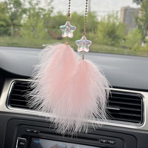 Cute Car Rearview Mirror Hanging Ornament - Fuzzy Feather & Resin Star Pendant Car Rear View Mirror Charm for Women Men, Lucky Aesthetic Auto Interior Mirrors Decoration Accessories (Pink)