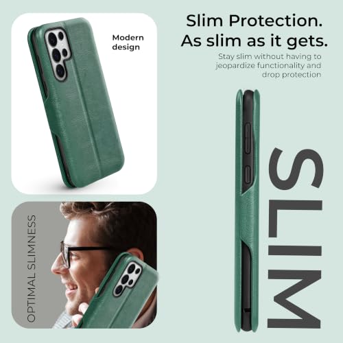Image of PULOKA Premium Vegan Leather Phone Cover with Card Slot - Compatible with Samsung Galaxy S25 Ultra - Sleek Flip Case, Slim, Durable, Privacy Protection, Kickstand Function (Green)