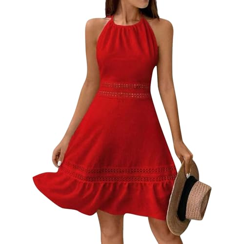 Sommerkleid Damen Knielang Elegant A Linie Neckholder Kleid Rückenfrei Mit Schnürung Sommerkleider Leicht Luftig Strandkleid Rüschen Kurzes...