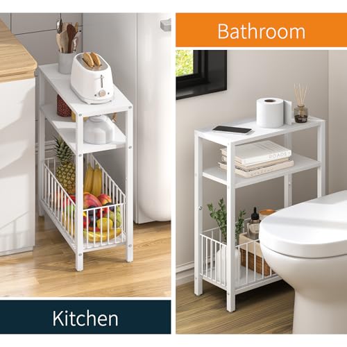Yoobure Narrow Side Table with Storage Basket, Small End Table for Small Spaces, Skinny Side Tables Living Room Bedroom Office, Slim Nightstand 3 Tier Bedside Table Space-Saving for Magazine, White