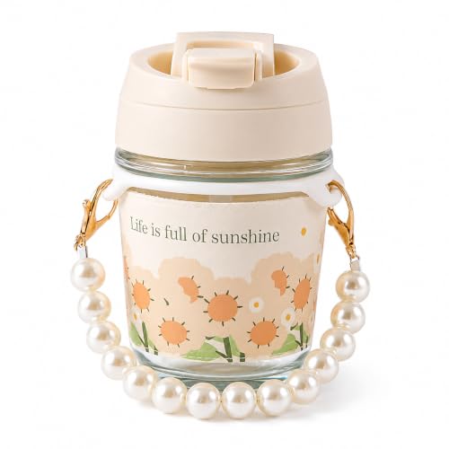 Image of Glass Coffee Tumbler with Lid and Straw - Pack of 1, 350ML, Milk Mug with Pearl Chain Belt & Leather Grip Reusable Travel Sipper Cute Mugs for Girls for Juice Smoothies iced Tea Cups