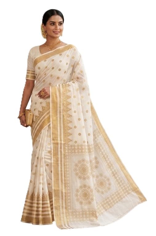 Kerala Style Traditional Kasavu Cotton Printed Kasavu Saree, White with Gold Border, 6.3 Meters-picture-49