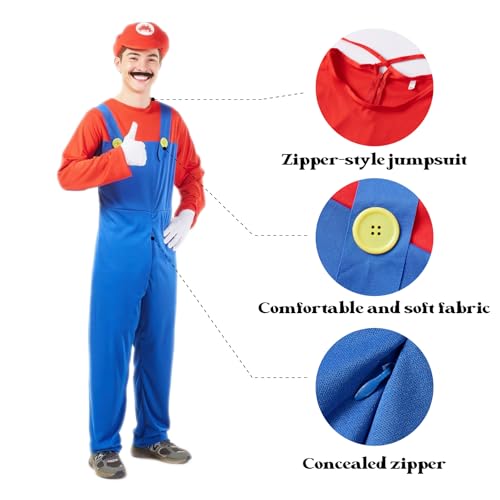 Halloween Costume Men Adult,Plumber Jumpsuit Cosplay Costume with Hat Gloves Moustache Accessories Set2