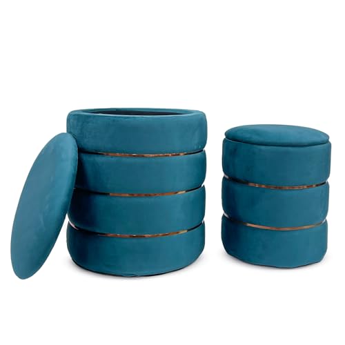 IlGruppone Set 2 Pouf Contenitori in Velluto – Pouf Arredo Moderni Impilabili, Poggiapiedi con Contenitore Salvaspazio, 4 Colori – Grande 37x41 cm, Medio 28x34 cm - Petrolio