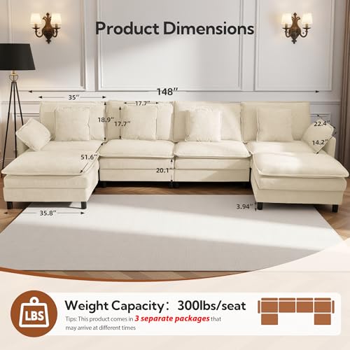 Image of Claiks 148 inch Modular U-Shaped Sofa, Cloud Couch with Ottoman, Sectional 6-Seater Sofa, Deep Seat Comfy Couch with Pillows for Living Room & Apartment, Beige