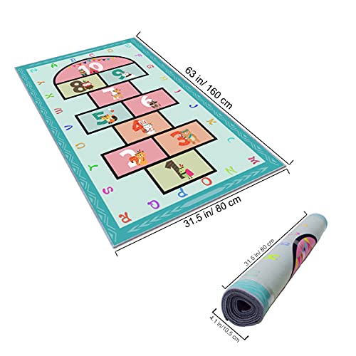 Karezonine Hopscotch Rug 63”X31, Hop And Count Game Rug With Colorful Alphabet And Animals Design Anti-Slip Kids Play Mat, Soft Floor Area Rug & Carpet Playroom Bedroom Living Room #TOP1