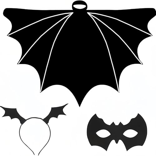 Veroda Bat Costumes Black Bat Wings Cape Hairband Eye Mask for Halloween Fancy Dress Costume (Adult Size)