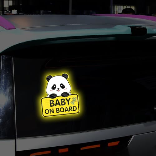 Image of 2PCS Panda Baby On Board Sticker for Cars, Cute Highly Reflective Kids in Car Sticker Sign for Car Window Bumper Truck Auto Warning Decals (Yellow)