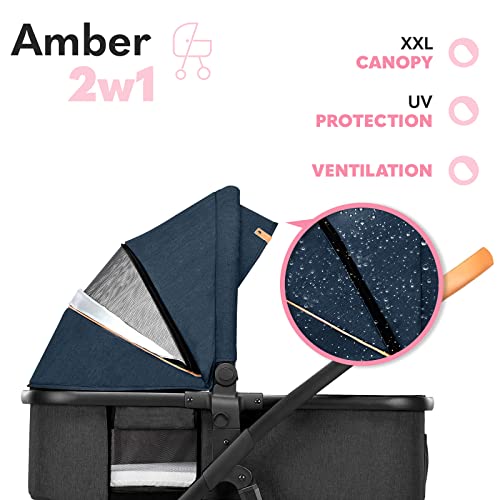 LIONELO Amber Kinderwagen 2 in 1 Kombikinderwagen, Kinderwagen Set mit sportlichen Sitz und fester Babywanne, Tasche, Moskitonetz, Abdeckung Regenblatt (Blau)