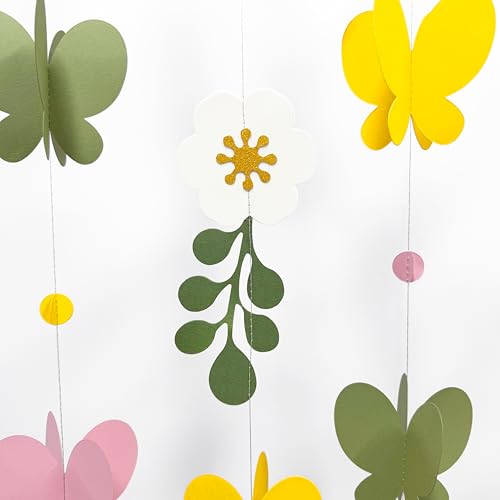 Image of Spring Decorations Flowers 3D Butterflies Dots Garland Green Pink Yellow Hanging Paper Streamer for Spring Birthday Mother's Day Wedding Bridal Shower Tea Party Decorations Supplies