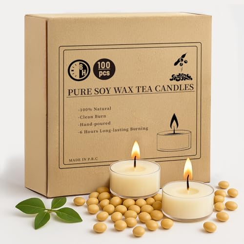 Crenovo Tea Lights Candles Unscented 6 Hour Soy Tealights Candles 100 Pack