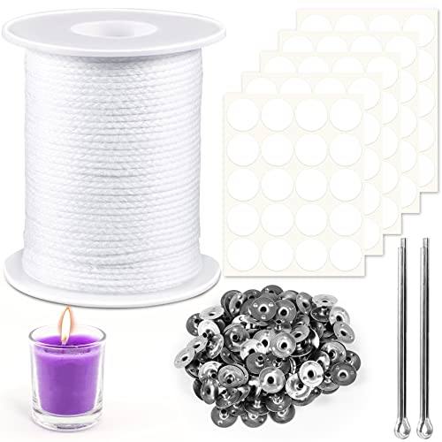 Unaibber Juego de mechas para velas de 61 m, sin humo, 2 soportes para mechas de acero y 100 unidades de doble cara para mecha de vela, 100 unidades Cover