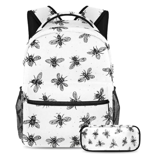 Cartable abeille dessinée à la main avec trousse assortie pour l'école