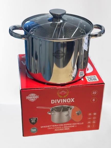 SPAGHETTIERA CON DOPPIO CESTELLO INCLUSO (TRIPLO FONDO A INDUZIONE) Tutto In ACCIAIO INOX Diametro 22cm Capacità 6 lt MADE IN ITALY