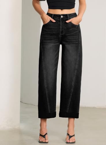 Image of Sidefeel Barrel Jeans for Women High Waisted Wide Leg Baggy Stretchy Trendy Raw Rolled Hem Capri Cropped Ankle Denim Pants
