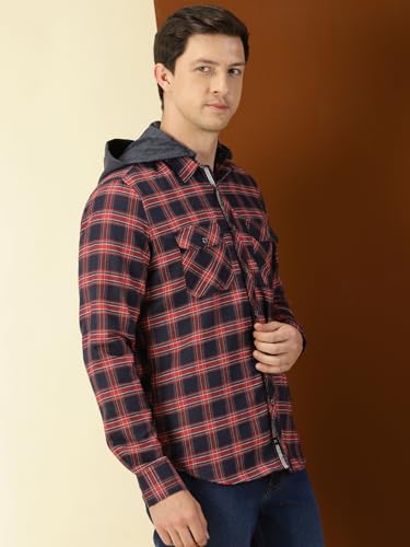 Image of Thomas Scott Men's Cotton Classic Hood Collar Tartan Checks Casual Shirt