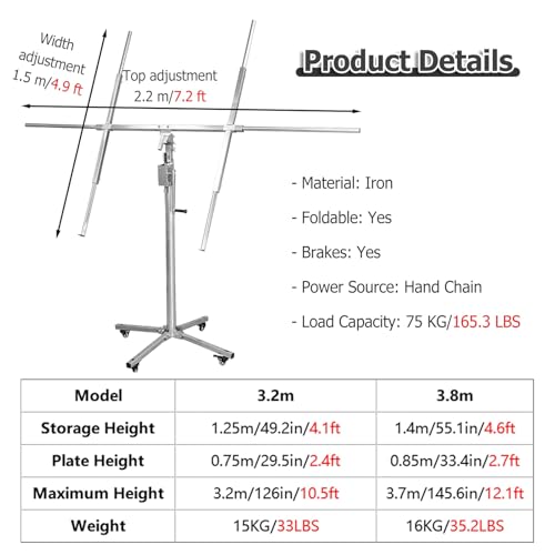 10.5 Ft 12 Ft Drywall Lift Panel Rolling Hoist Jack Lifter - One-Person Operation Drywall Panel Hoist for Walls & Ceiling - Stable Sheet Rock Construction Wall Jacks With Telescopic Arm(Max H 3.2m/126