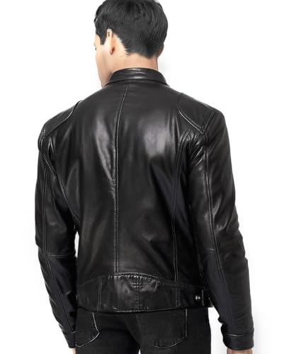 Image of Men's Real Leather Jacket Biker Motorcycle Cafe Racer Vintage Retro Bomber Winter Black Genuine Leather Jacket