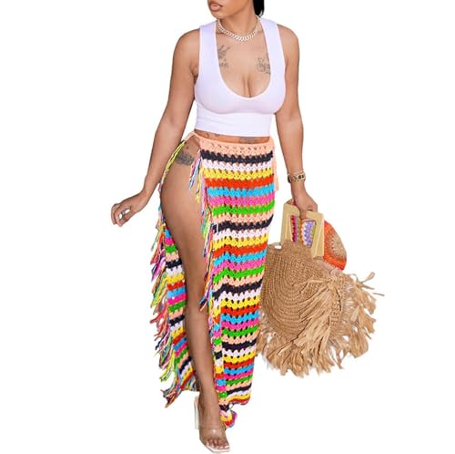 Women's Crochet Cover Up Skirts High Waist Split Knit Tie Up Hollow Out Beach Cover Up Swimwear4