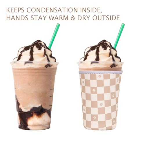 Image of Reusable Insulated Neoprene Iced Coffee Cup Sleeve, Durable Drink Sleeve for Cold Beverages, Beverage Holder for Iced Coffee (Floral Checkers)