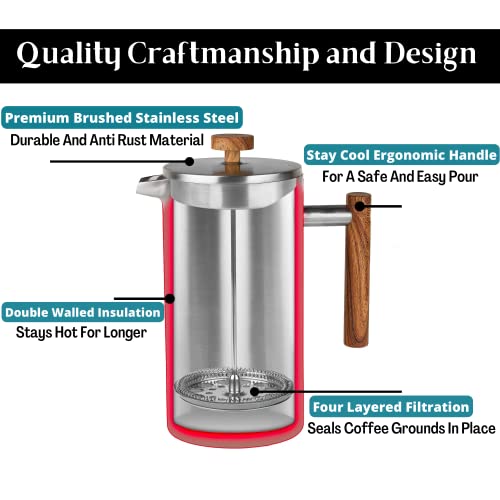 Kitchsavvy Large Stainless Steel French Press Coffee Maker : 50Oz 1.5L Double Wall Insulated French Press : Premium Grade Travel French Coffee Press : 4 Layered Filtration System Coffee Press #TOP4