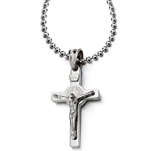 COOLSTEELANDBEYOND Petit Pendentif Croix Christ Jésus Crucifix Collier pour Homme et Femmes - Acier Inoxydable - avec 60CM Chaîne de Boule