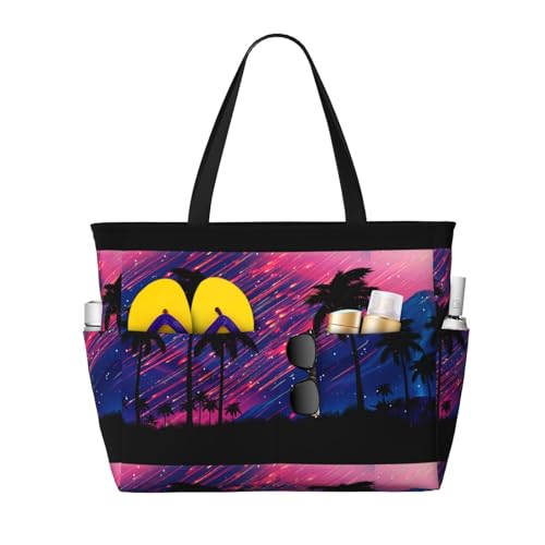 Palm Tree Shooting Star Print Large Beach Tote Bag for Women Extra Large Capacity Sandproof Waterproof Pool Bag Suitable for Swimming Pool Gym Groceries Travel