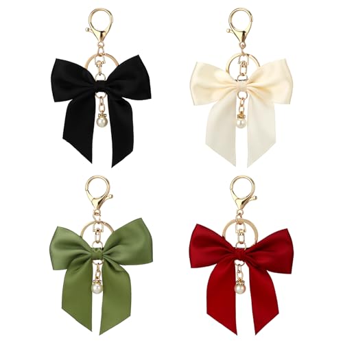 4 Pack Purse Charms Bow Keychain for Handbag, Cute Car Key Chain, Black Red White Green Bowknot Key Ring, Bag Charm Pendant for Girls