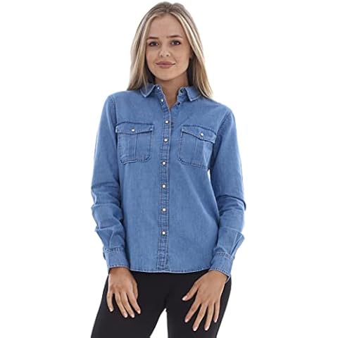 ChicWhisper Ladies Pure Organic Cotton Long Sleeve Button Through Denim Shirt Blue Cover