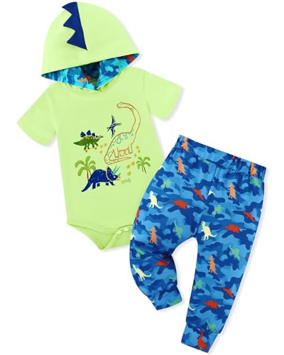 Image of Latnnut Newborn Boy Summer Outfits Animal Print Short Sleeve Romper with Hoodie & Pants Infant Clothing Set