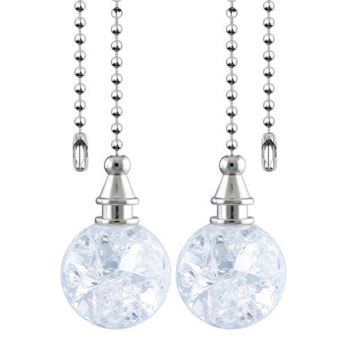 Image of 2 Pack White Glass Ceiling Fan Pull Chain, Fan Lamp String Pulls Crystal Decorative Extension, 12 Inches Ball Chains Extender Ornament with Connector