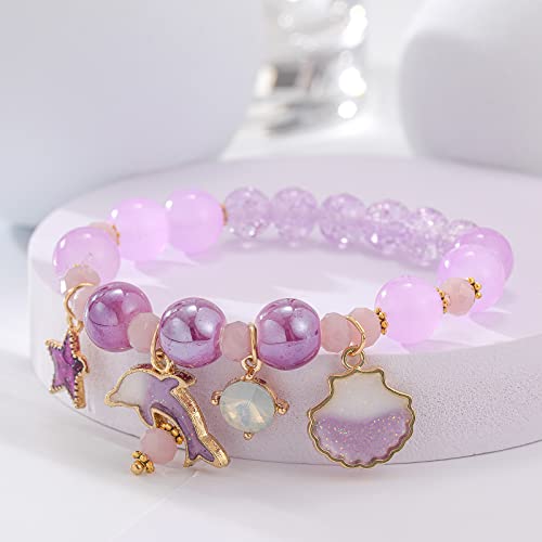Ds Beaded Charm Bracelets For Teen Girls Cute Cartoon 4 Pcs Crystal Beads Pearl Anime Bracelets For Woman Girls Adjustable Stretch Bracelet Anklets Birthday Gift For Daughter Friends-Purple Dolphin thumb #1